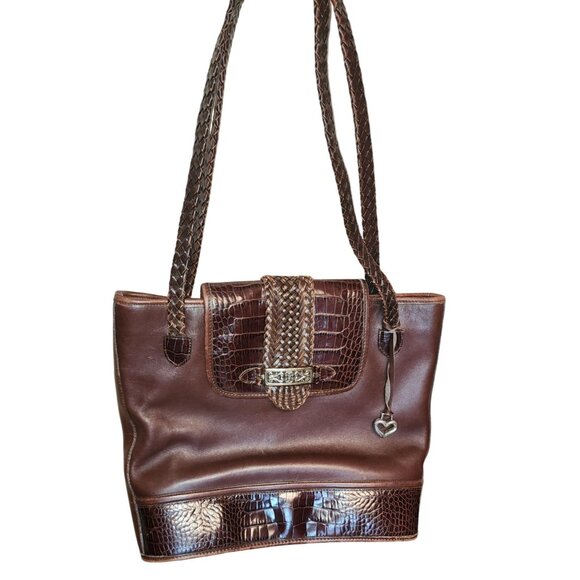 VTG Brighton Brown Leather Shoulder Bag  Croc-Embossed Accents & Braided Straps - Picture 1 of 6